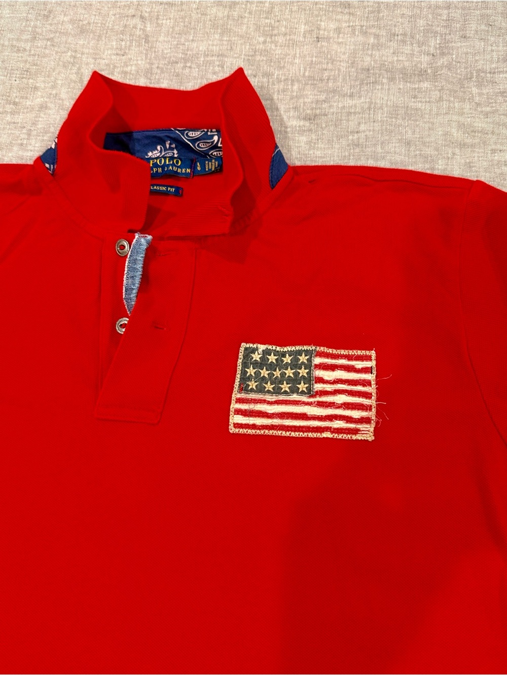 Ralph Lauren 4th of July Red Polo with Navy Trim American Flag